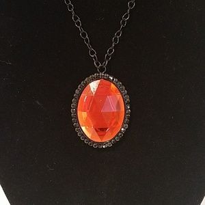BIG Orange Pendant Necklace Rhinestone